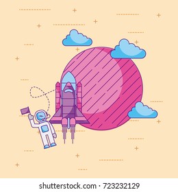 astronaut with flag planet rocket cloud space universe