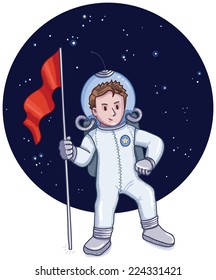 Astronaut with flag ready to conquer space