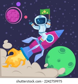 Astronauta con cohete de cabalgadura en la ilustración de vectores espaciales. Dibujo de caricatura de un hombre espacial sentado en una nave espacial, planetas y estrellas en el cielo. Espacio ultraterrestre, universo, astronomía, concepto de exploración