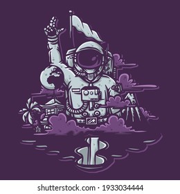 Astronaut with flag in space galaxy hand drawn vector illustration suitable for stickers, t shirt, totebags, hat, and poster design