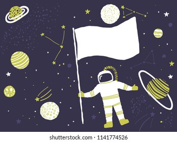 Astronaut with Flag in Space. Vector Design Template. Creative Abstract Nursery Background. Perfect for Kids Design, Fabric, Wrapping, Wallpaper, Textile, Apparel