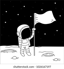 Astronaut with flag stands on moon. Hand drawn vector illustration
