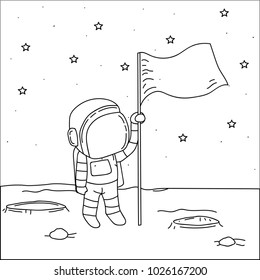 Astronaut with flag stands on moon. Hand drawn vector illustration
