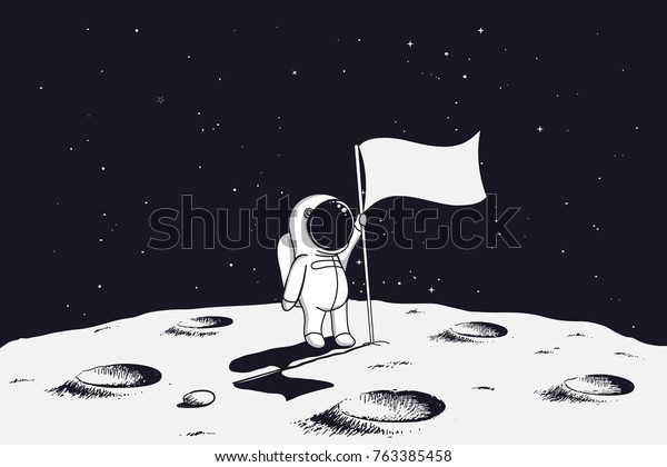 月面に国旗を持つ宇宙飛行士が立つ 手描きのベクトルイラスト のベクター画像素材 ロイヤリティフリー