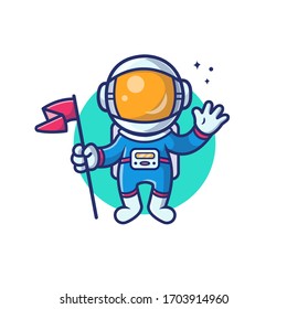 Astronaut With Flag And Stars Vector Icon Illustration. Spaceman Mascot Cartoon Character. Science Icon Concept Isolated. Flat Cartoon Style Suitable for Web Landing Page, Banner, Flyer, Sticker, Card