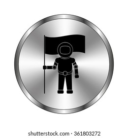 Astronaut with flag - vector icon;  metal button