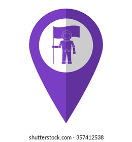Astronaut with flag - vector icon;  violet map pointer