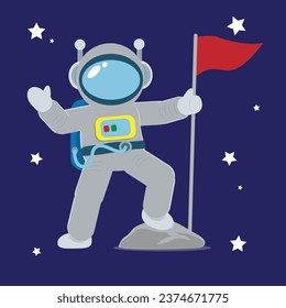 Astronaut with flag. Vector illustration in flat cartoon style.