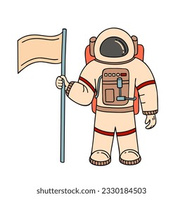 astronauta con bandera. Ilustración vectorial para impresión, fondos, cubiertas y embalaje. La imagen se puede usar para tarjetas de felicitación, carteles, pegatinas y textiles. Aislado sobre fondo blanco.