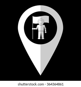 Astronaut with flag - white vector icon;  map pointer