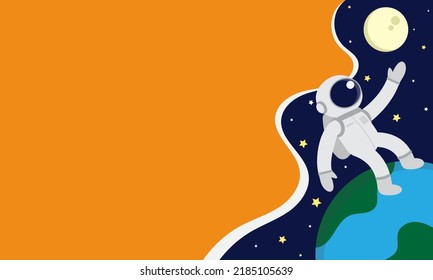 Diseño plano astronauta fondo moderno gráfico futurista. Fondo naranja con curvas. Diseño de fondo del espacio vectorial, afiche brillante, estrellas de banner, luna y fondo de la tierra. Ilustración vectorial.