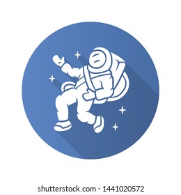 Astronaut flat design long shadow glyph icon. Spaceman. Space explorer. Cosmonaut in outer space. Man in space suit. Cosmic mission. Travel, adventure, exploration. Vector silhouette illustration