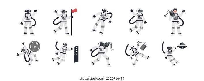 Conjunto de ilustración plana de astronauta. Incluir de astronauta, cosmos, espacio, tecnología, galaxia y hombre del espacio. Ilustración vectorial aislada
