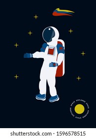 Astronaut - flat style, dark blue background - vector. Wallpaper smartphone. Space exploration.