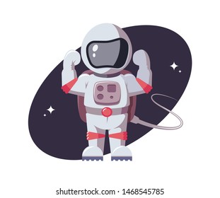 Astronaut fleces his arm muscles. Space character gestures force in open space. Spaceman in flat style. Galactic research star mission concept for comic, games and other design needs