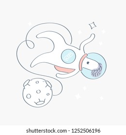 Astronaut flies alone in outer space. Spaceman exploring space and trying to touch the star, planet in the background. Science isolated vector illustration.
