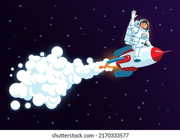 Astronaut flies astride rocket and waves his hand. Cartoon spaceman on jet rocket. Vector illustration.