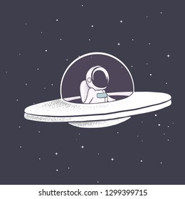 astronaut flies in flying saucer through universe.Space theme.Vector illustration