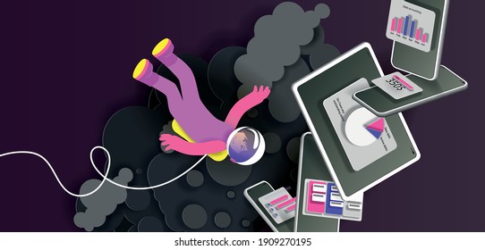 Astronaut flies to mobile phones and tablets in zero gravity. Vector banner