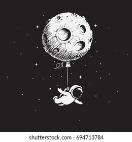 El astronauta vuela con la luna.Imprime el diseño.Ilustración infantil vectorial