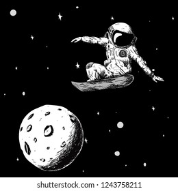 Astronaut flies on a board. On the background of the moon and the starry sky