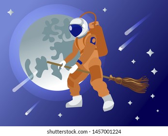 The astronaut flies on a broomstick in outer space. Fantasy. In minimalist style. Cartoon flat vector Illustration