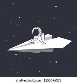 un astronauta vuela en un avión de papel a través de Universo.Diseño espacial.Ilustración vectorial