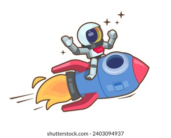 An astronaut flies on a rocket through space. Waves his hand and raises his fist up. Concept of startup and quick goals achievement. Nice vector UI illustration for your business.