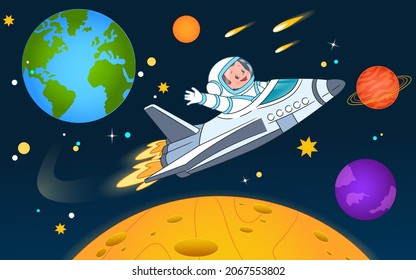 Der Astronaut fliegt auf einem Pendelbus zwischen den Planeten und windet sich im Grußspiel die Hand. Seite, Postkarte, Banner auf einem Space Theme. Vektorgrafik im Cartographie-Stil