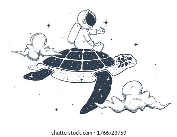 Astronaut flies on the turtle in the clouds. Handcrafted style. Vector illustration