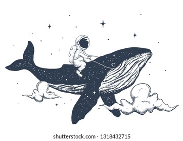 Astronaut flies on the whale in the clouds. Handcrafted style. Vector illustration