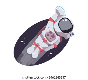 Astronaut flies in outer space with raised fist up. Man in intergalactic space. Spaceman exploration galaxy. Astronomy, space personage concept. Flat print