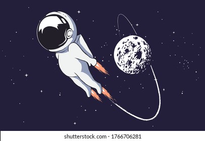 Astronaut flies from planet,moon to outer space.Vector illustration