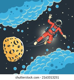 Astronaut flies in space among swirling clouds. Spaceman and moon in comic style. Planet with craters. Vector illustration.
