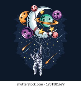 Astronaut Flies In Space With Balloon Planets And Moons Vector Artwork