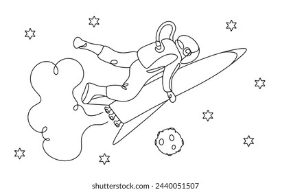 An astronaut flies in space holding a rocket. A man in a spacesuit studies new planets and cosmic bodies. World Aviation and Cosmonautics Day. Isolated vector on white background.