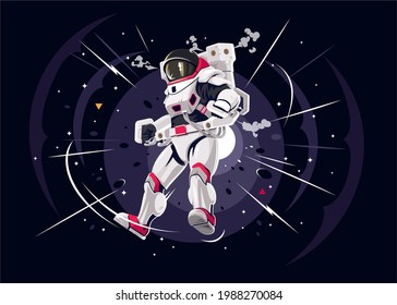 Un astronauta vuela en el espacio. Un astronauta en órbita orbitando la vastedad del universo.  Demanda para el astronauta. Icono de la tecnología de la ciencia en movimiento aislado. Ilustración del vector EPS 10