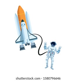 Astronaut flies with space shuttle icon over white background, vector illustration