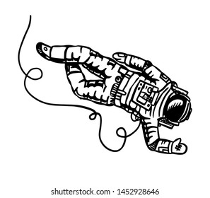 Astronaut flies in space. Spaceman explores the galaxy Astronomy sketch for emblem or logo in vintage style. Hand drawn illustration in retro doodle style.