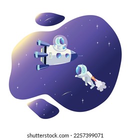 The astronaut flies to the spacecraft on a jetpack against the background of the stars and in a cartoon style. vector illustration isolated on white background. planetary exploration. Space research. 
