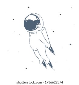 Astronaut flies using jet engines on the arms and legs through space .Hand drawn style.Vector illustration