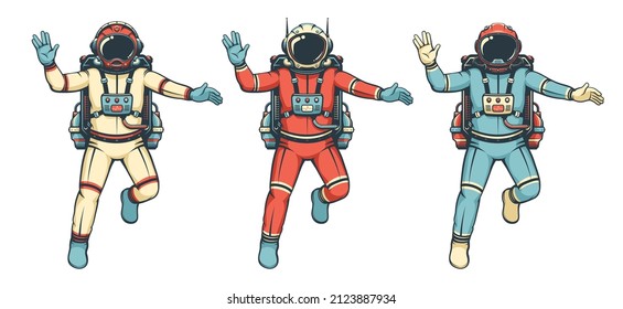 Astronaut flies with the Vulcan salute. Isolated retro cosmonaut in spacesuit. Vintage astronaut. Vector image.