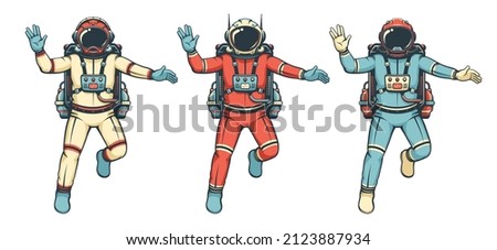 Astronaut flies with the Vulcan salute. Isolated retro cosmonaut in spacesuit. Vintage astronaut. Vector image.