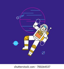 Astronaut float in space. Hello spaceman. Vector illustration.