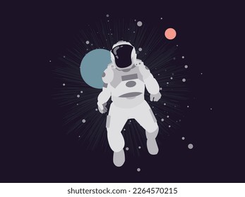 Astronaut floating in abstract space design with planet and stars behind