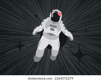 Astronaut floating in abstract space, design with lines behind on dark background