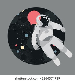 Astronaut floating in abstract space with planet and stars on circle background