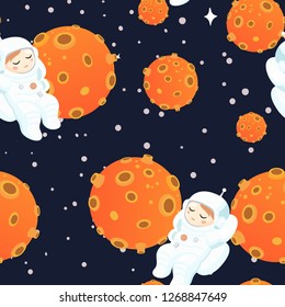 Astronaut floating in the background of planets.Vector seamless pattern.