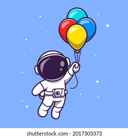 Astronaut Floating With Balloons Cartoon Vector Icon Illustration. Science Technology Icon Concept Isolated Premium Vector. Flat Cartoon Style