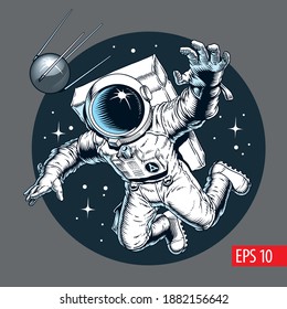 Astronaut floating and catches a satellite in outer space. Comic style vector illustration.